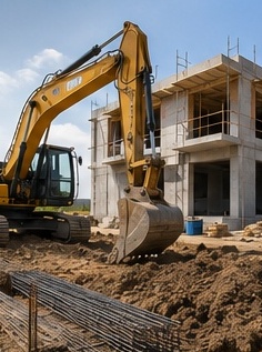Bager na gradilištu uz armirano-betonsku zgradu u izgradnji