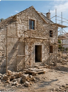 Kamena kuća u obnovi okružena skele i građevinskim radovima